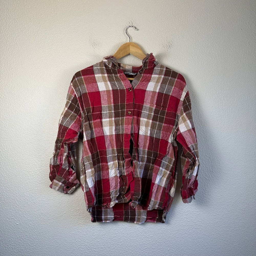 Marla Wynne Plaid Button Down Women XL Red Good Linen Cotton Blend Long Sleeve